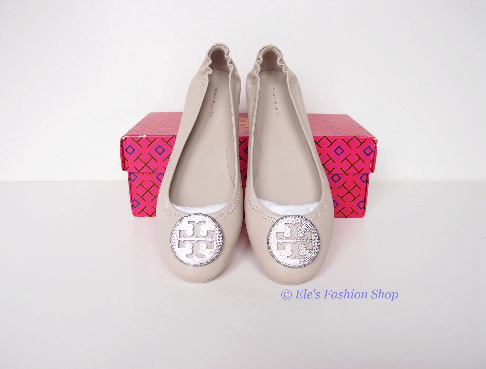 Pre-owned Tory Burch Crystal Logo Pave Minnie Leather Travel Ballet Flat Gray Us 9.5