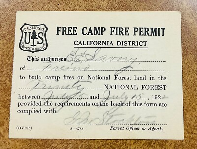 1922 Sierra National Forest Service Camp Fire Permit Fresno CA