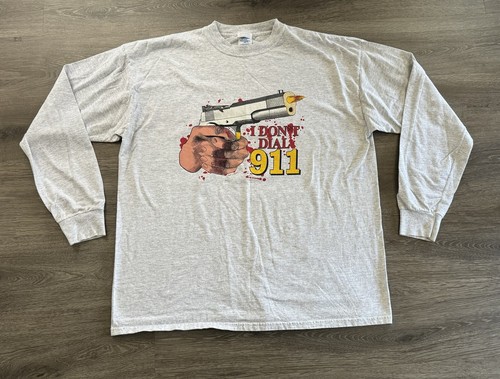 Vintage I DON'T DIAL 911 Gray Graphic LONG SLEEVE Tee Gun