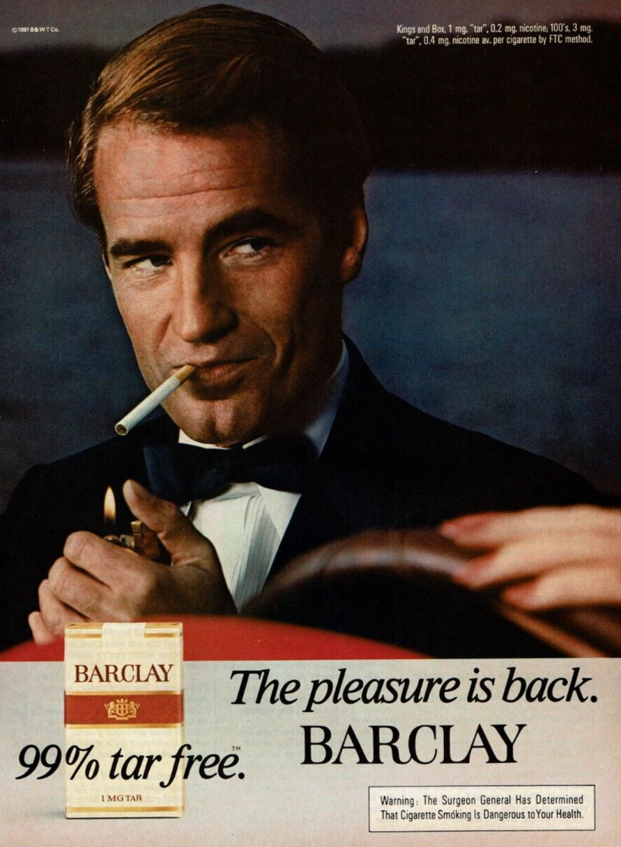 eBay listing image for 1981 Vintage Print Ad The Pleasure is Back Barclay Smoking Tuxedo Lighting Up