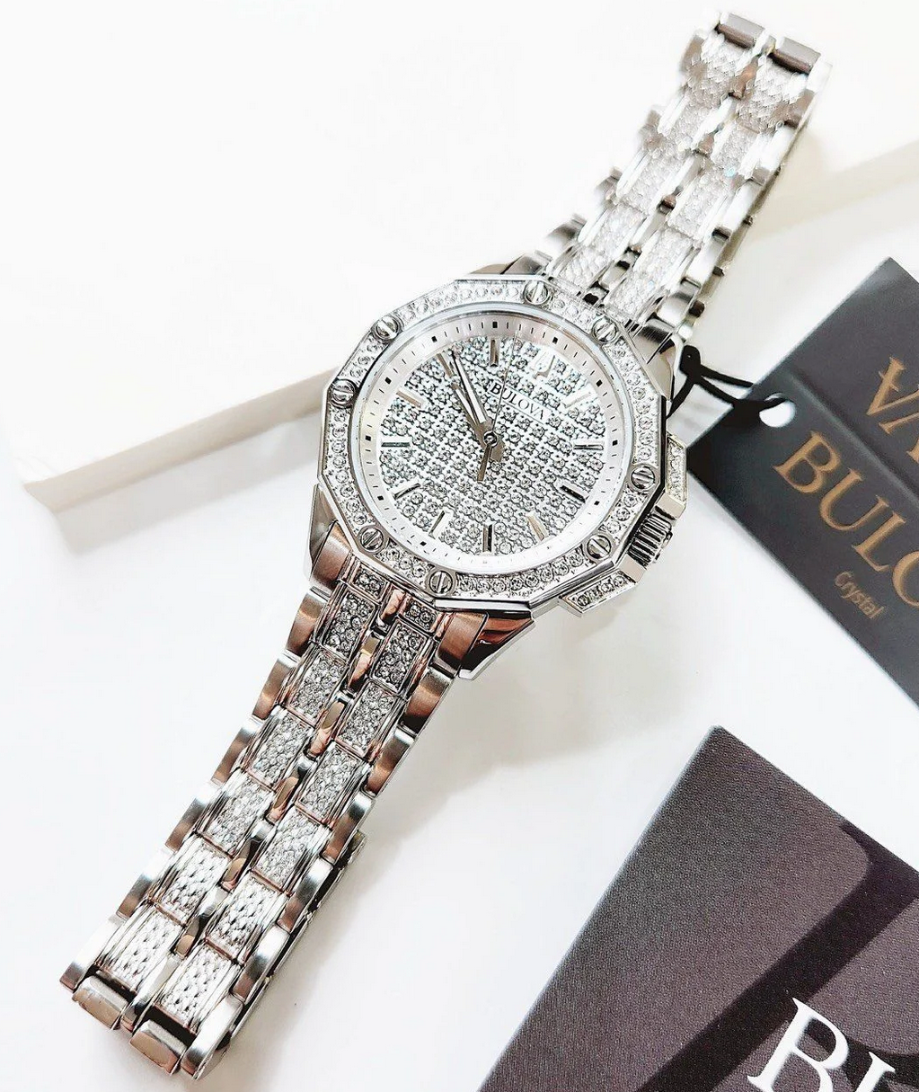 Pre-owned Bulova Octava Crystal Silver White Dial Dress Women's Watch 96l305