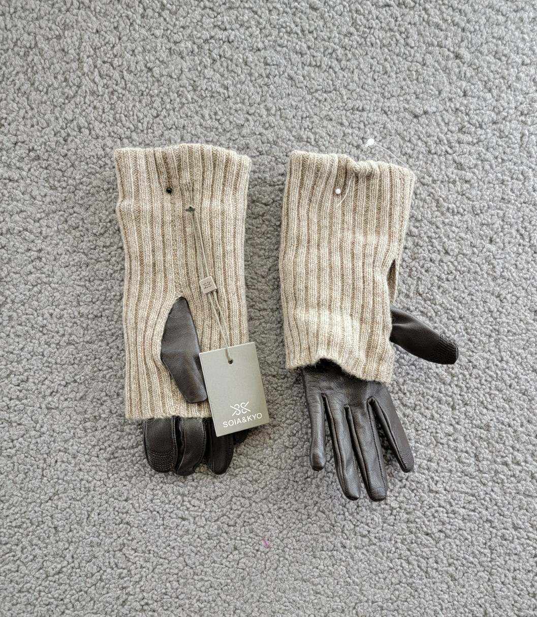 Soia & Kyo Carmel Leather & Ribbed Knit Tech Wool Blend Gloves Womens S Mushroom - Picture 2 of 14