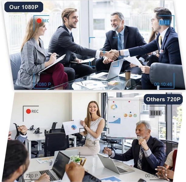 Businesspeople handshake and presentation, comparison of 1080p vs 720p.