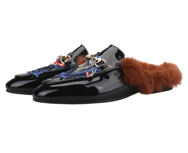 Smooth Genuine Leather Handmade Fur Slipper Men'S Mules Gold Horsebit Chain