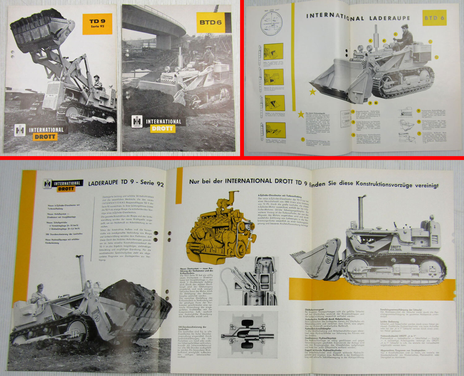 2 Prospekte IHC International Drott BTD6 und TD9 Serie 92 Laderaupe ca. 1962