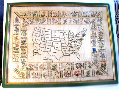 VINTAGE Embroidered USA Sampler Map Of 50 United States & State Flowers Framed