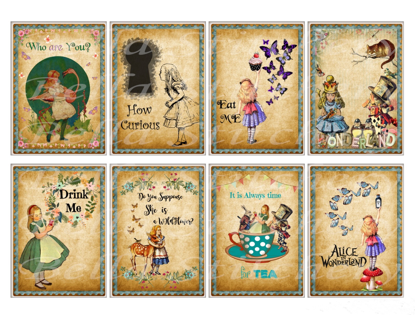 set-of-8-vintage-retro-alice-in-wonderland-collage-cotton-fabric-blocks-ebay