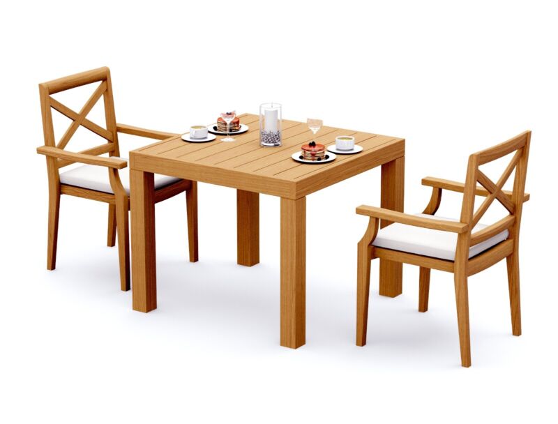 3-piece Outdoor Teak Dining Set: 36" Square Table, 2 Stacking Arm Chairs Grand