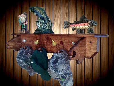 Wood Fish Pole Shelf Coat Hat Rack Rod Holder Home Cabin Fishing Decor Gift