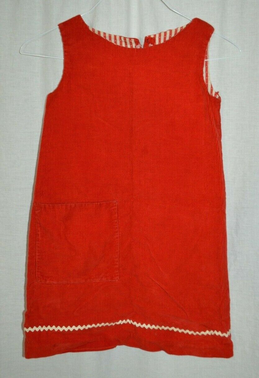 1970s Kids Girls Red White Corduroy Sleeveless Jumper Dress Co...