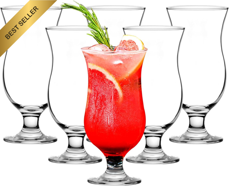 Hurricane Glasses Set of 6, 14 Oz Clear Glass Cocktail Glasses, Tulip Shaped Dri