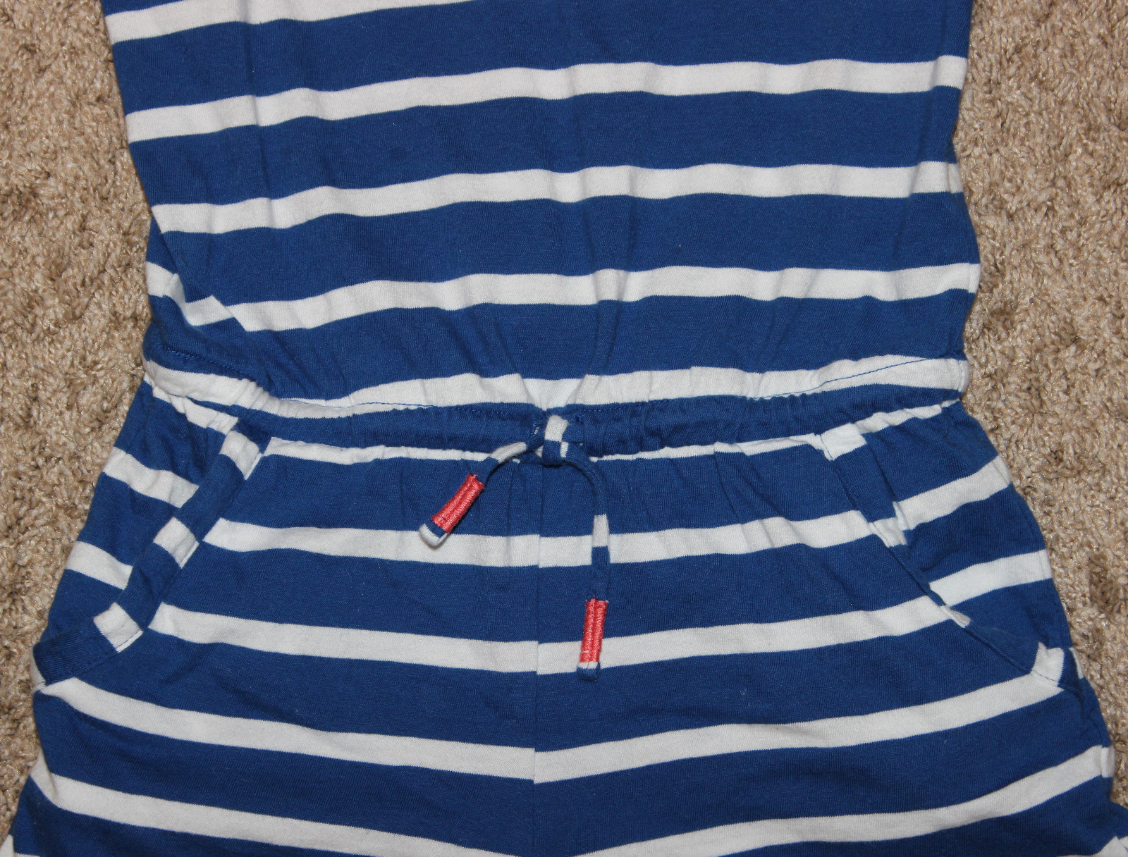 ADORABLE OLD NAVY BLUE WHITE STRIPE SOFT ELASTIC STRETCH ROMPER JUMPSUIT S 6/7