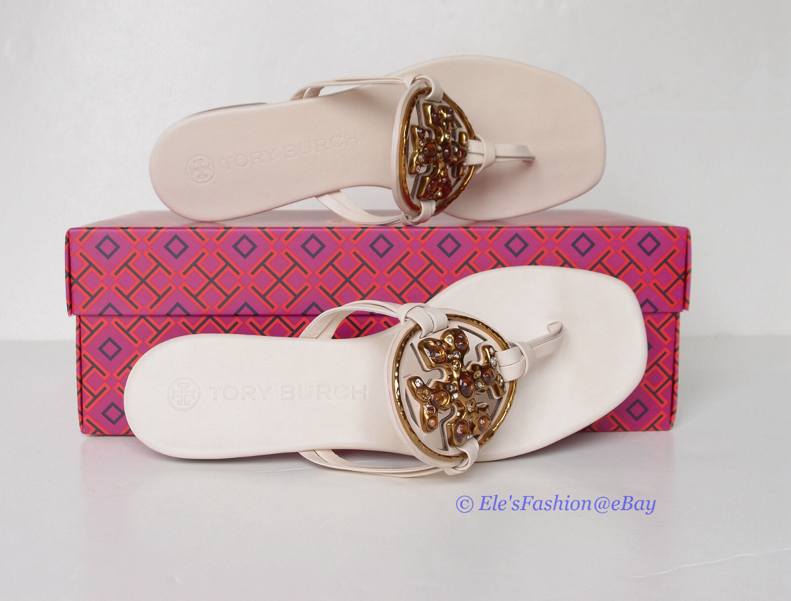 Pre-owned Tory Burch Jeweled Miller Leather Thong Sandal Brie Us 6.5 7 7.5 8 8.5 9 9.5 In Beige