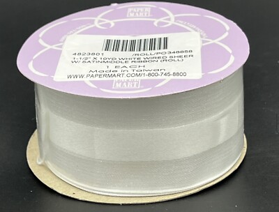 Paper Mart 1-1/2'' x 10yd White Wired Sheer w/ Satin Middle Ribbon Roll NEW