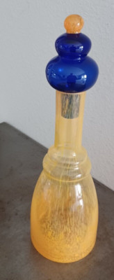 Hand Blown Orange Glass Decanter With Blue & Orange Stopper 14'' Tall Vintage