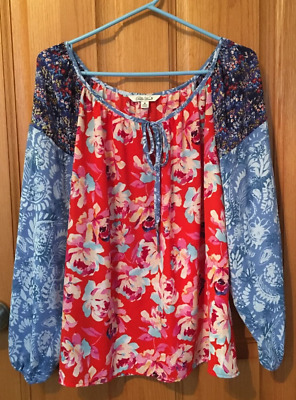 Pioneer Woman Mixed Print Peasant Blouse M Red Blue Floral