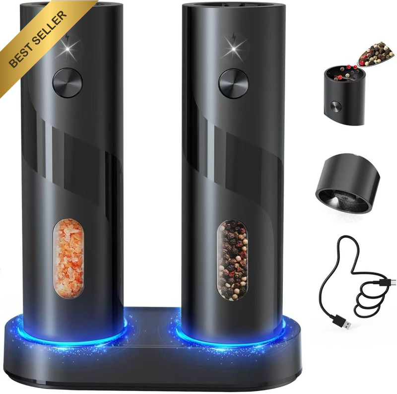 Electric Salt Pepper Grinder Set Rechargeable Base Top Load 110ml LED Adjustable