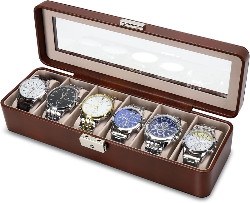 Watch Box Men 6 Slot Lock Key Glass Top Leather Watch Case Display Organizer Box