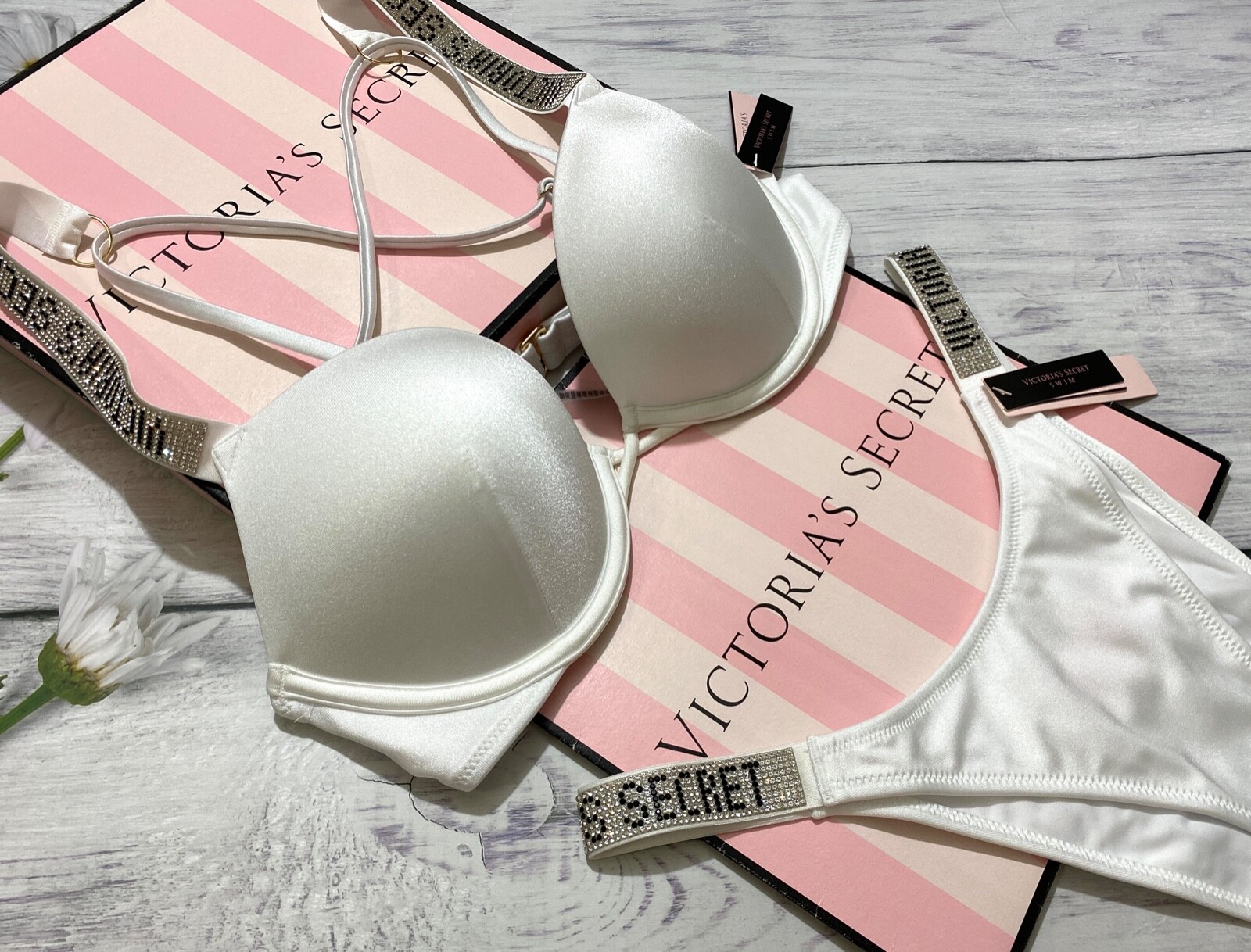 Victoria Secret Shine Strap Swim Brazilian Bombshell Add-2-cup Push-up Set White