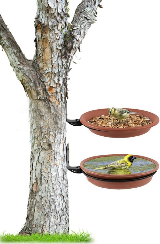 2 Piece Bird Trays Tree Mounted for Feeder Bath Bowl, Installed on Wooden Fence