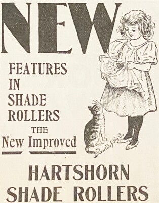 1897 HARTSHORN SHADE ROLLERS Antique Print Ad~Cute Little Girl Kittens&Kitty Cat