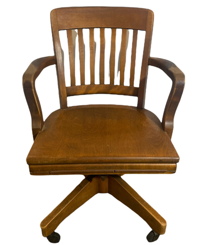 Vintage W. H. Gunlocke 1940 Walnut Swivel Adjustable Posture Bankers Chair