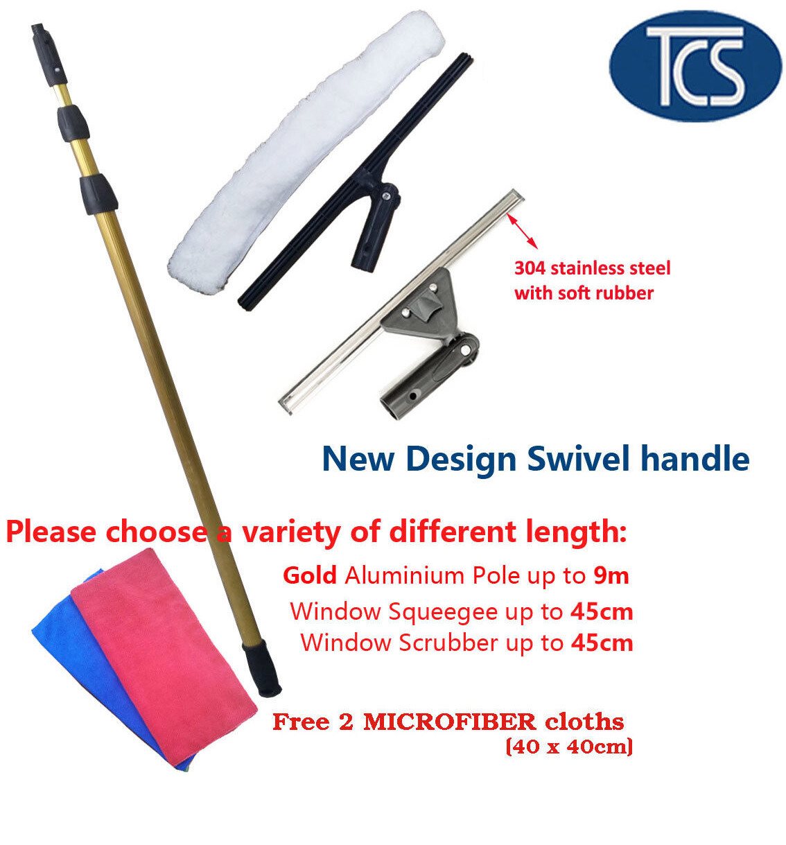TCS EXTENDABLE WINDOW CLEANING SET SWIVEL SQUEEGEE GOLD TELESCOPIC POLE UP TO 9m eBay
