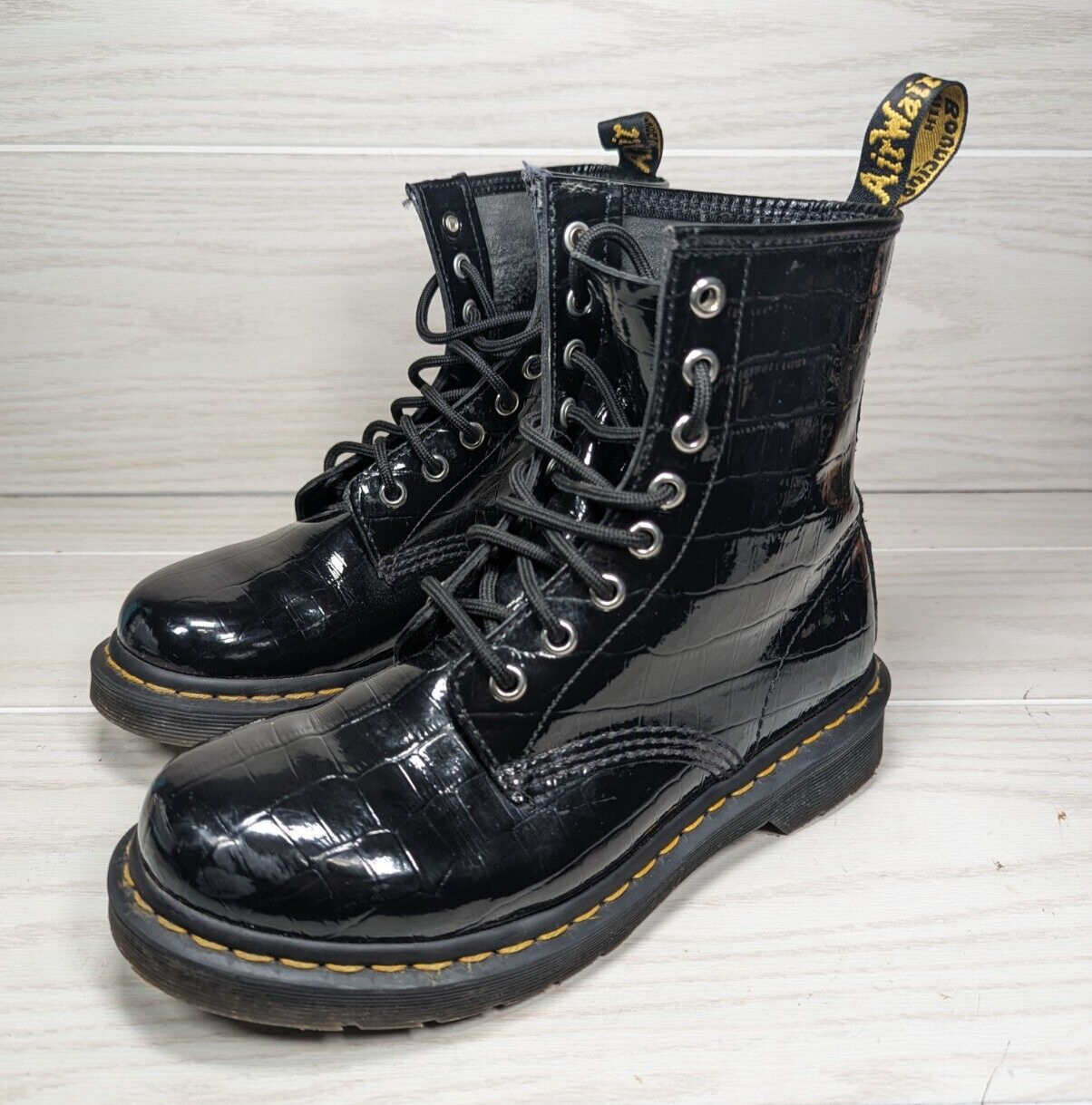 M*e様 B. 'Domingos Martins' Original Clon Doc Martens 1460 Black Croc Embossed Patent Leather Boots US