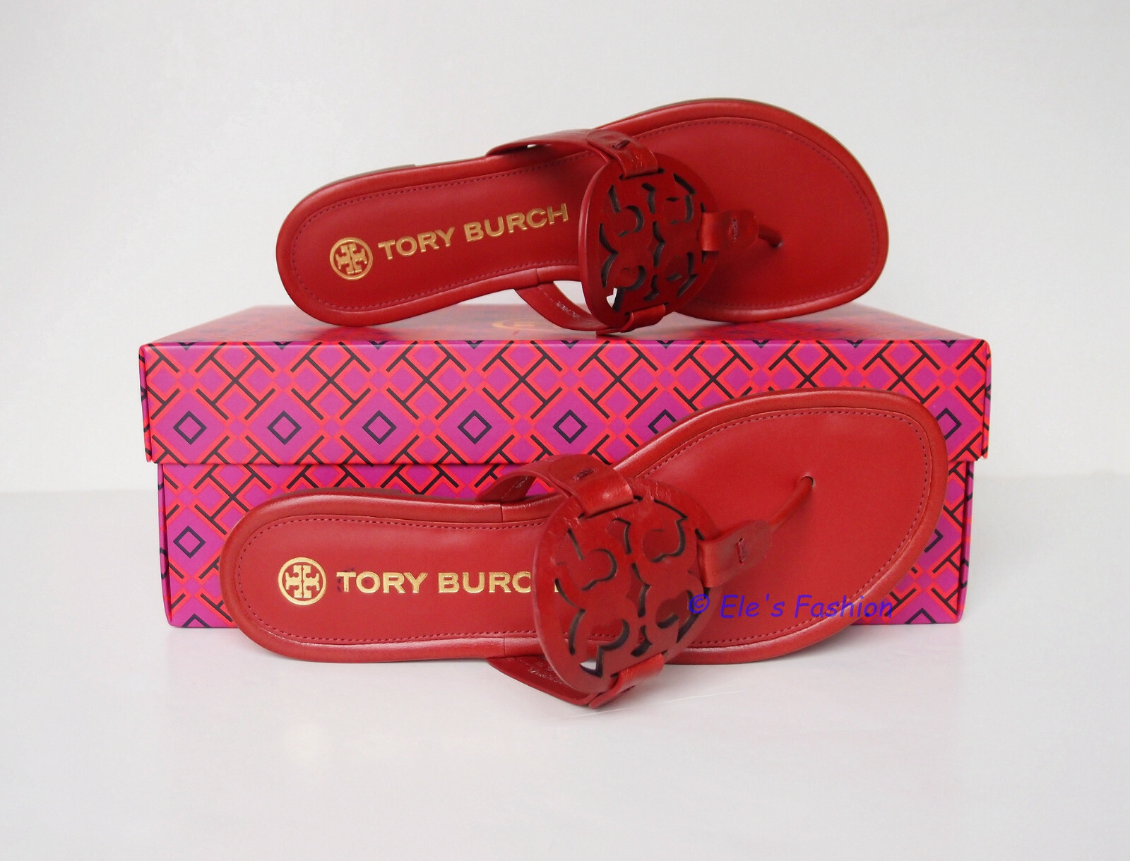 Pre-owned Tory Burch Miller Leather Thong Sandal Poinsettia Red Us 7 Authentic
