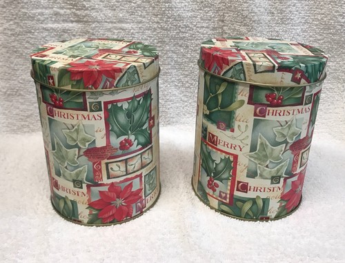 6 Nesting Christmas TINS (2 sets)Holiday tall floral green 5.5/5/4.25 ROUND gift