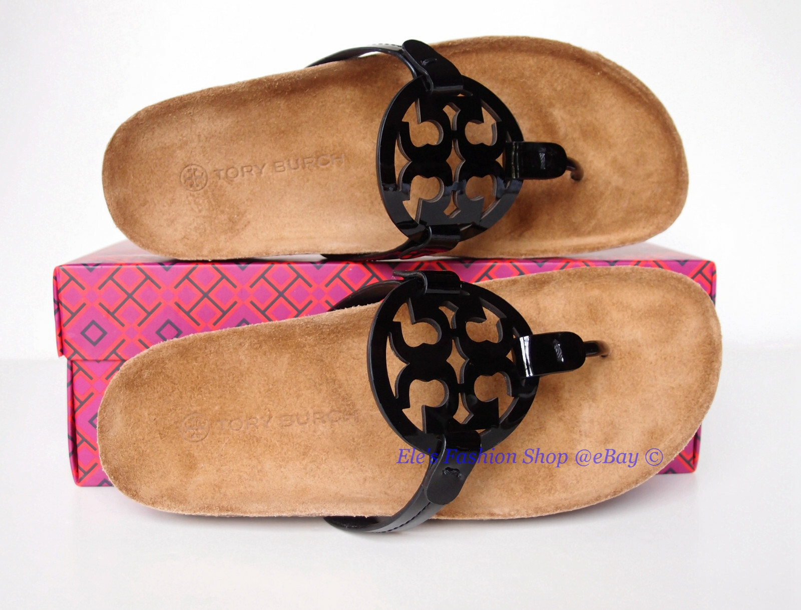 Pre-owned Tory Burch Miller Cloud Leather Sandal Black Patent 6.5 7 7.5 8 8.5 9 9.5 10