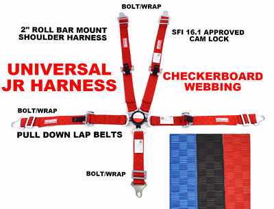 JR UNIVERSAL RACING SEAT BELT 5 POINT CAM LOCK 2'' SFI 16.1  RED FINISH LINE