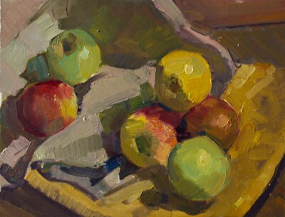 Oil painting  Still life with  yellow fruits Apples Standard size A4 by Lozovoy 