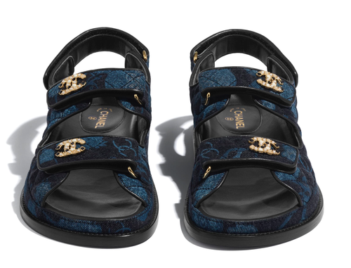 Pre-owned Chanel 21a Blue Black Grey Denim Cc Logo Mule Slide Strap Flat Dad Sandal 37