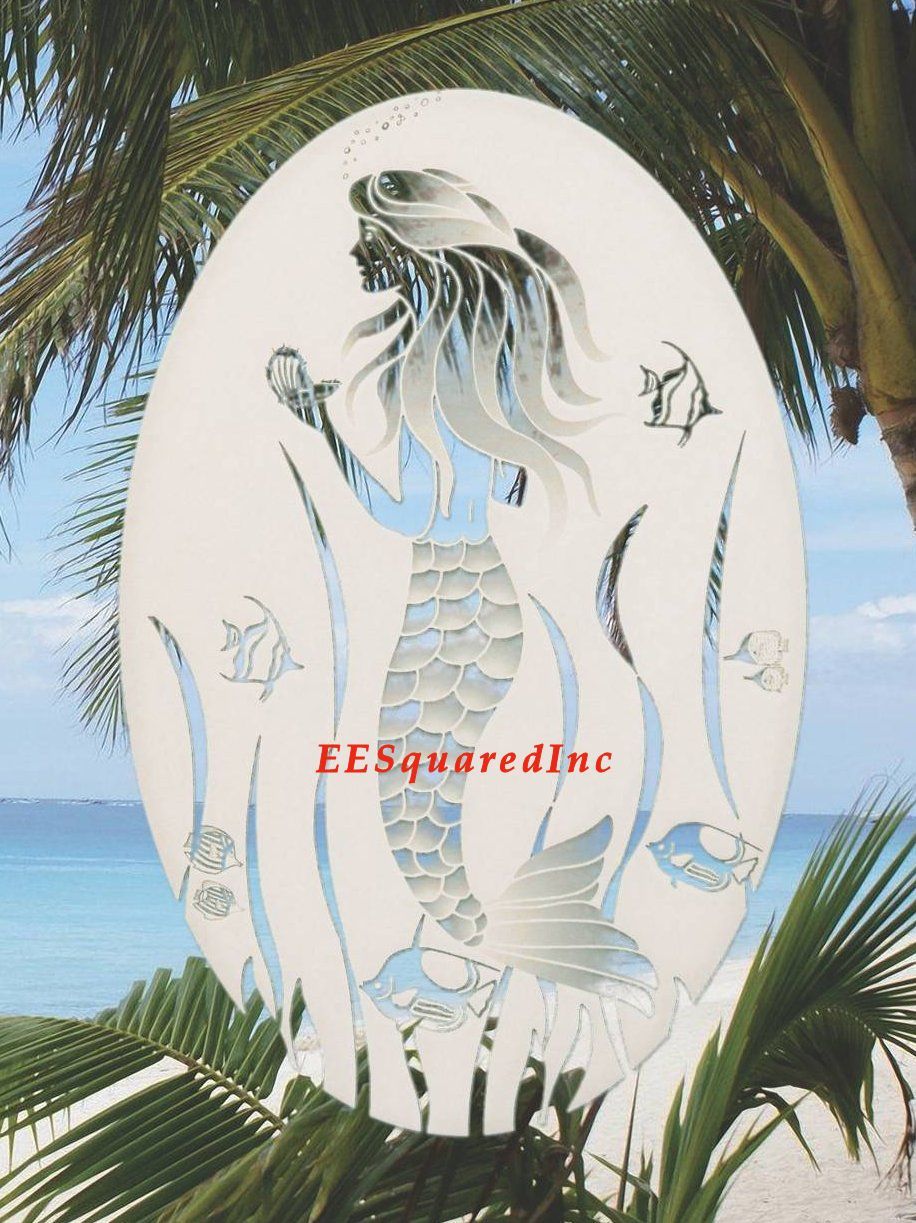 Mermaid Static Cling Window Decal OVAL 10x16 Tropical Decor for Glass Doors