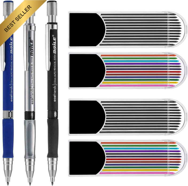 2.0 Mm Mechanical Pencil Set with 3 Pieces Pencils, 4 Cases Lead Refills (2 Colo