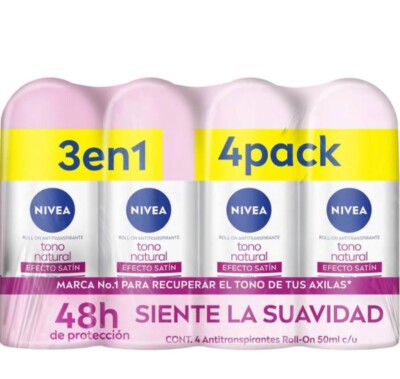4 PACK NIVEA  ROLL ON DESODORANTE ACLARADO  EFECTO SATIN ANTIPERSPIRANT