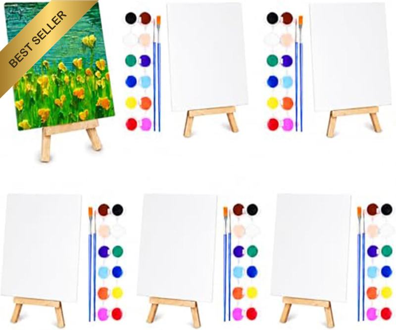 5 Set Mini Acrylic Paint Kit, 5.9In Canvas Boards for Painting with 6.5