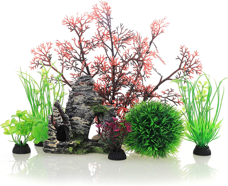 JIH Aquarium Fish Tank Plastic Plants and Cave Rock Decorations Decor Set 7