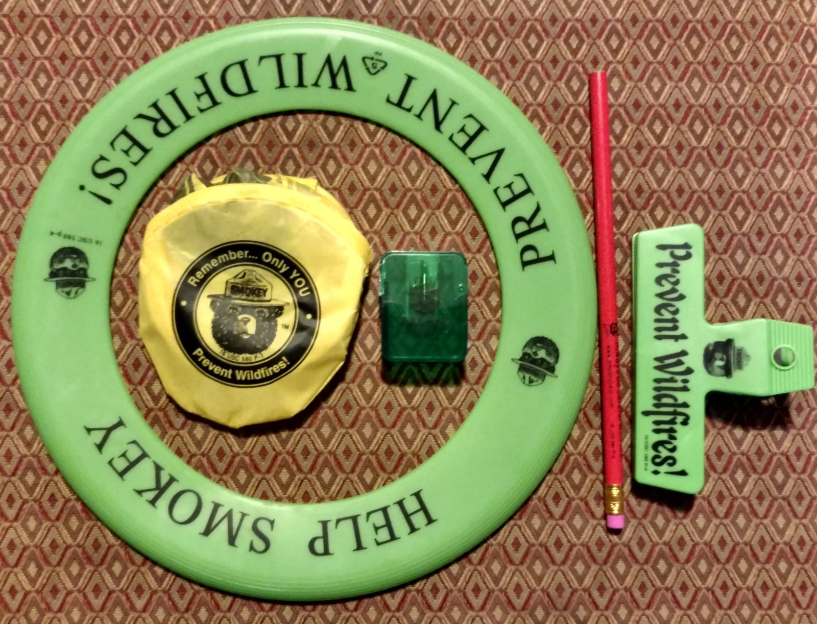 Smokey Bear lot frisbees pencil bag clip and pencil trimmer sharpener