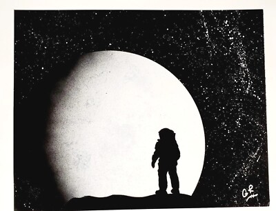 Original Spray Painting Art of Spaceman Admiring a Distant Moon  11''x14''