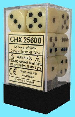 CHESSEX OPAQUE IVORY w/ BLACK NEW dice d6 16mm block 12 die set CHX25600