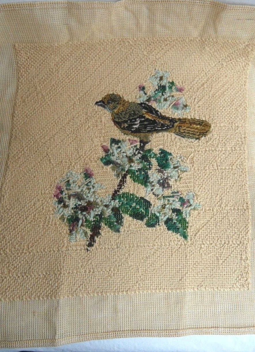 finished needlepoint bird Mockingbird square 13
