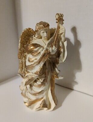 Vintage Candlestick Holder White & Gold Angel Playing Lute