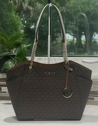 MICHAEL KORS JET SET TRAVEL LARGE MED CHAIN SHOULDER TOTE BAG MK BROWN LOGO