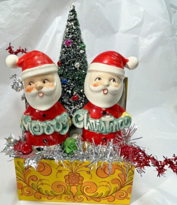 Vintage Recipe Box Merry Christmas S & P Bottle Brush Tree Assemblage Figurine