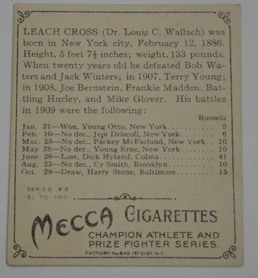 Leach Cross 1910 Mecca Cigarettes T 218 Vintage Boxing Trading Card Sharp Corner
