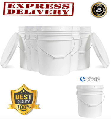 6 Pack 5 Gallon Buckets With Lid White BPA Plastic Food Grade Bucket Lids