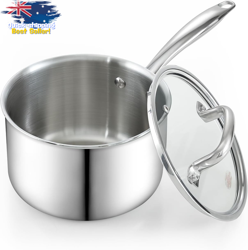 1.5QT Tri-Ply Clad Stainless Steel Sauce Pan w/Lid, Silver Cookware