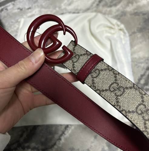 Pre-owned Gucci Marmont Belt Gg Logo Red Brown Monogram Canvas 85/34 Or 96/38